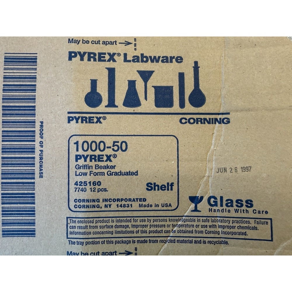 PYREX CORNING 1000-50 50mL Griffin Beaker 7740 NOS Vintage 1997 Open Box 10pc‎